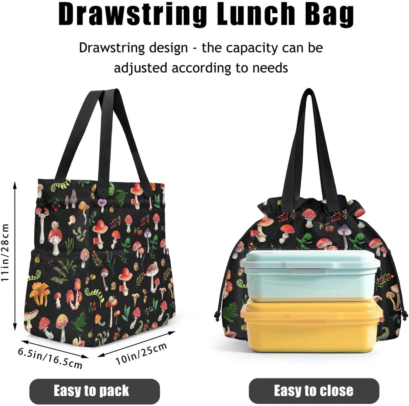 Lunch Bag for Women Insulated Womens Drawstring Lunch Bag for Work, Stain-Resistant Large Lunch Box for Women with Containers, Cinch Closure Cromwell Bag Black Man Reusable Lunch Bag Office