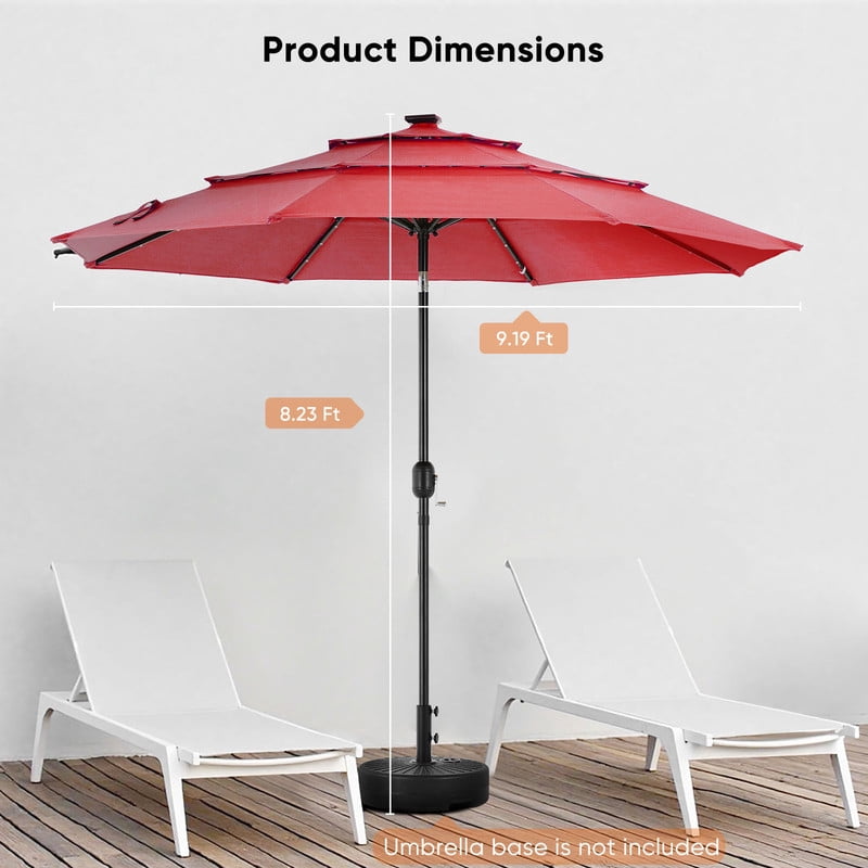 Gianna 10FT 3-Tier Solar Patio Umbrella with 32 LED Lights, Outdoor Umbrellas with Push Button Tilt and Crank,Red
