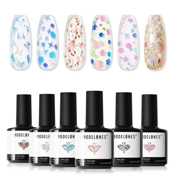 Set de esmaltes de uñas en gel con purpurina Modelones, 6 colores, con adorno