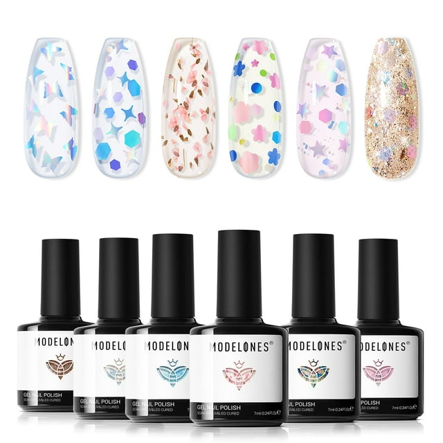 Set de esmaltes de uñas en gel con purpurina Modelones, 6 colores, con adorno