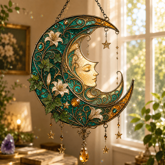 Art Nouveau Moon Acrylic Suncatcher Faux Stained Glass Window Hanging Gift