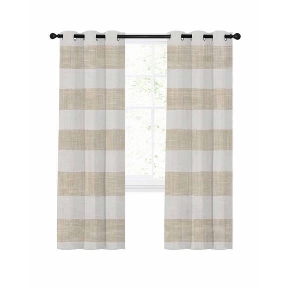 Beige Stripe Blackout Curtains, Light Blocking Print Window Curtains, Vintage Country Geometric Linen Texture Thermal Insulated Window Drapes for Living Room Kitchen Cafe 2 Panels, 104"W x 63"L