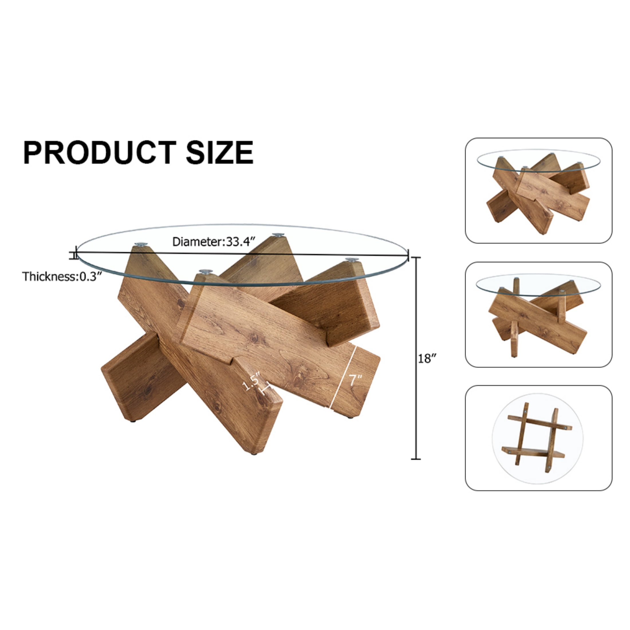 Vinform Round Coffee Table for Living Room, Transparent Glass, Natural Wood