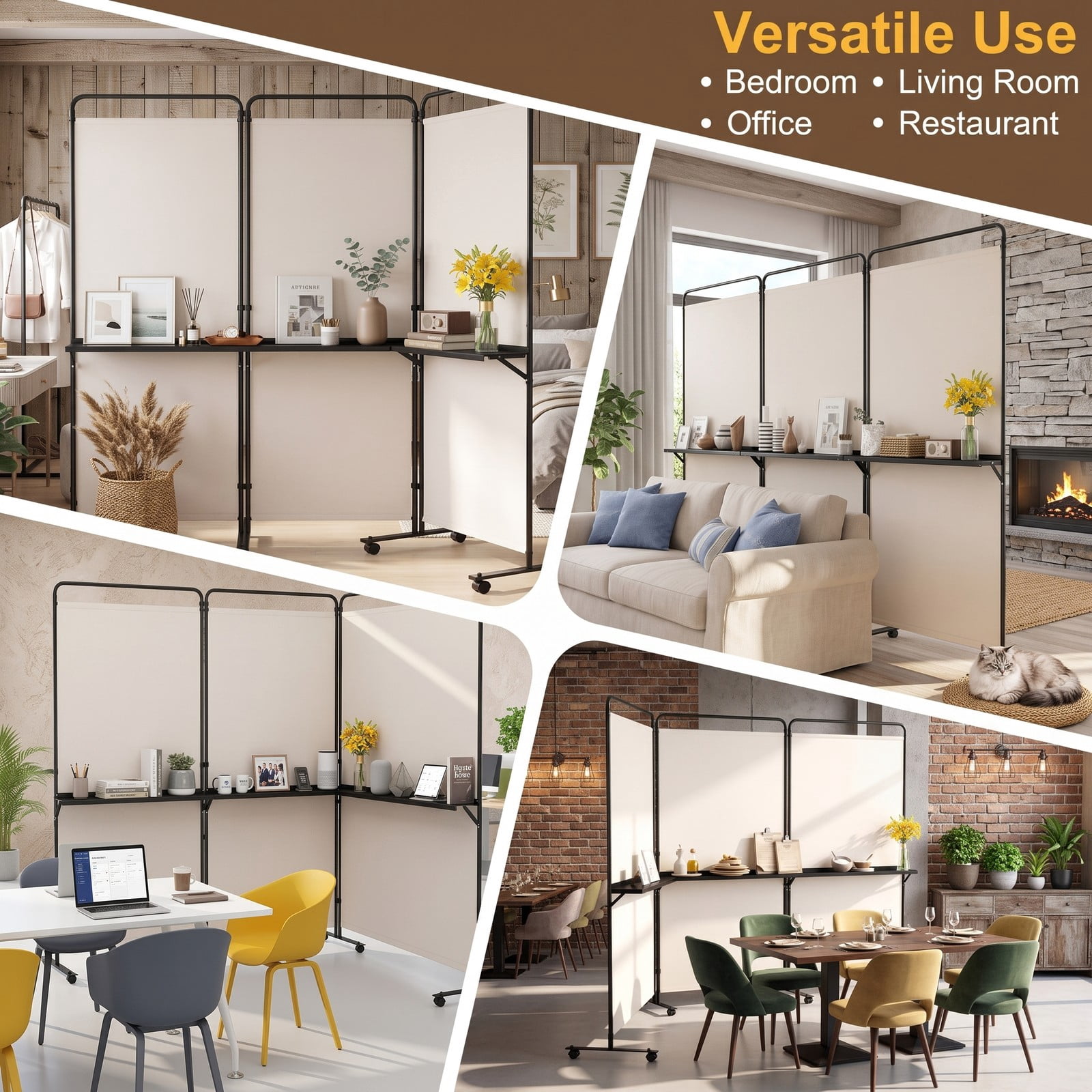 ALPULON 3-Panel Room Divider with 3 Shelves, 6 FT Tall Folding Privacy Screen Freestanding Partition with Lockable Wheels for Living Room Bedroom Office, White