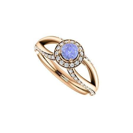 Halo Design - Tanzanite and CZ Accented Open Leaf Design Halo Ring