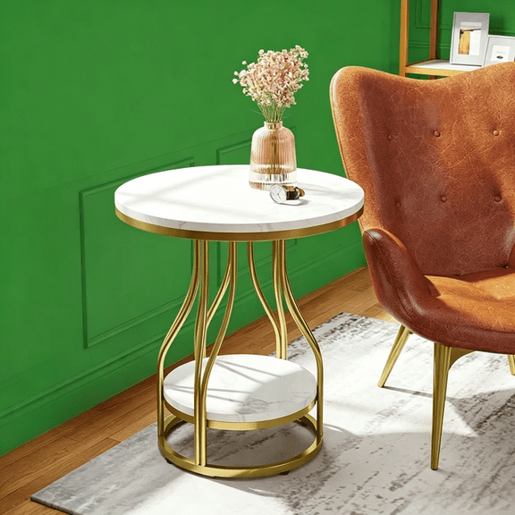 2-Tier Faux Marble End Table, White & Gold Round Side Table for Living Room/Bedroom/Nightstand