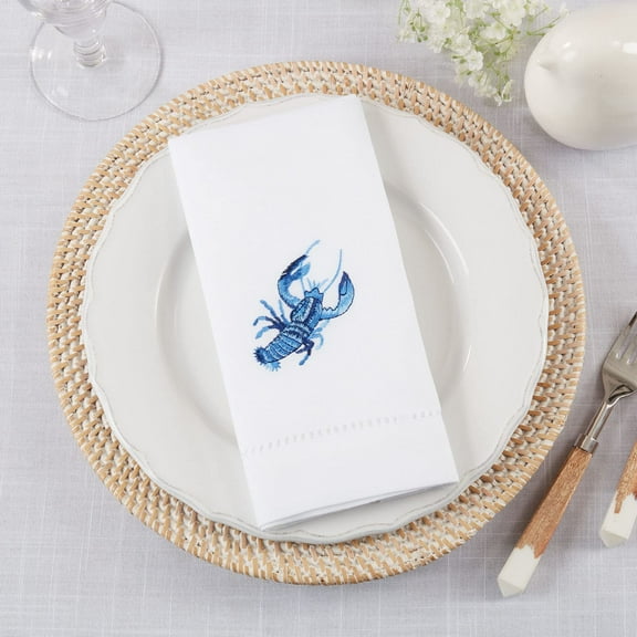 Fennco Styles Embroidered Blue Lobster with Hemstitch Design Cloth Napkins 20" W x 20" L, Set of 4 - White Dinner Napkins for Dining Table, Family Gatherings, Banquets & Home Décor