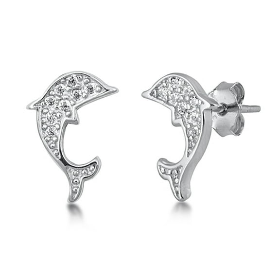 Clear Cubic Zirconia Happy Dolphin Stud Earrings Sterling Silver
