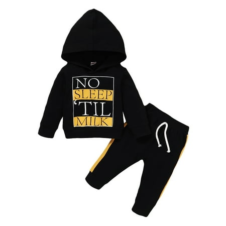 

NZRVAWS Newborn Baby Boys Winter Outfits 0 Months Baby Boys Letter Print 6 Months Baby Boys Hoodies Pants 2Pcs Winter Clothes Set Black