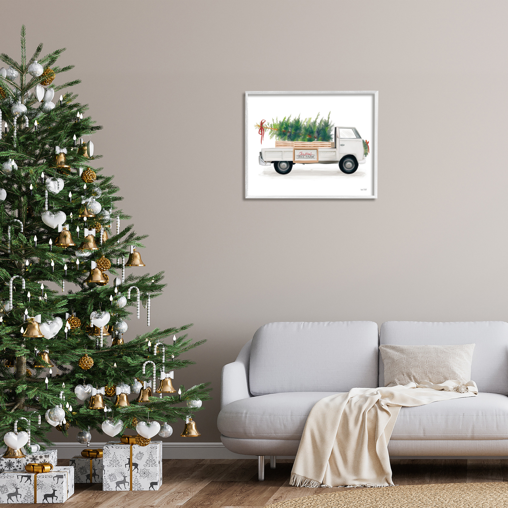 Stupell Industries Christmas Tree Farm Truck Holiday Painting White Framed Art Print Wall Art, 30 x 24