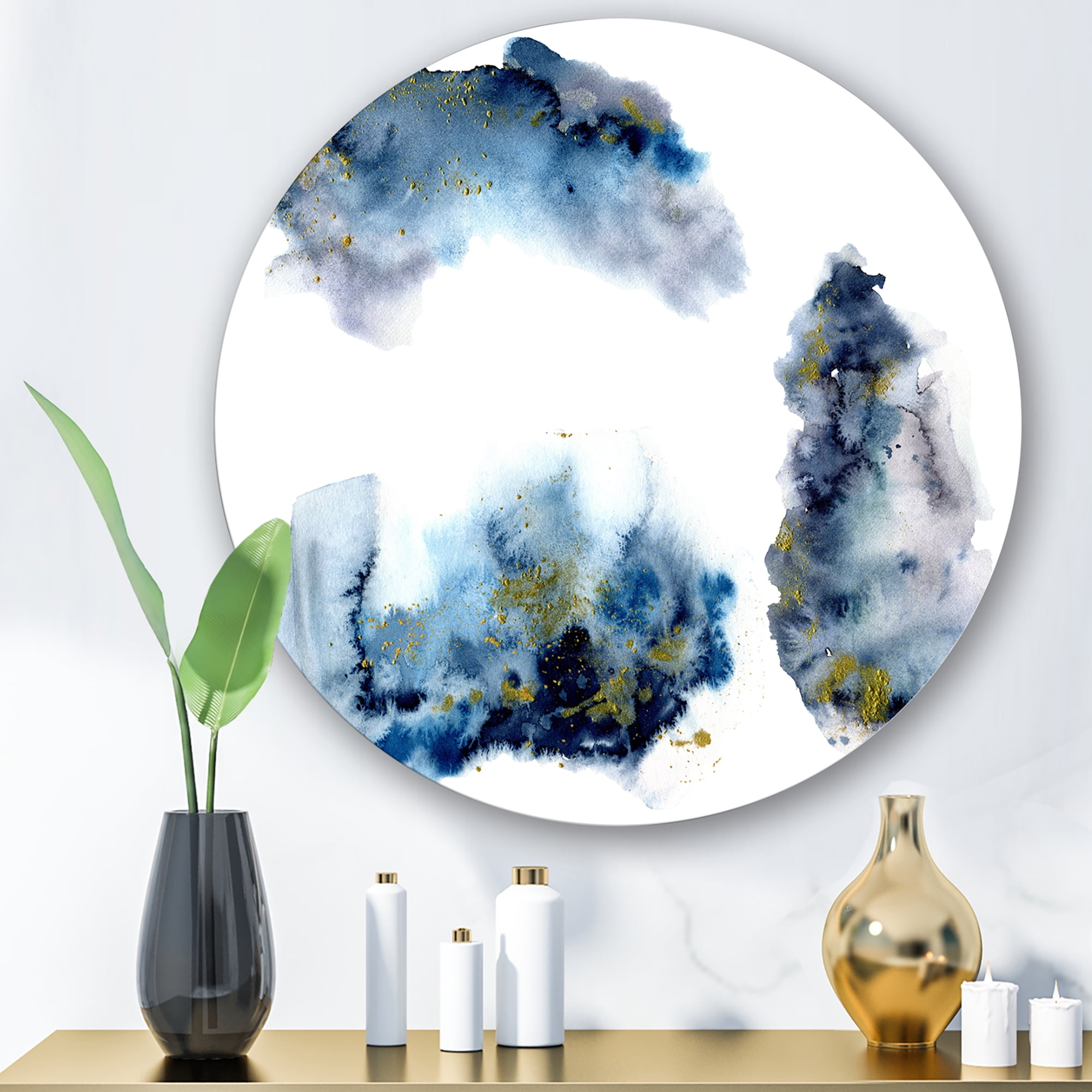 Designart 'Gray and Blue Clouds With Golden Glitter' Modern Circle Metal Wall Art 23x23 - Disc of 23