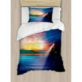 thumbnail image 3 of Lighthouse Duvet Cover Set, Majestic Dreamy Sky and Ocean Stars Rising Sun Beacon Bay Beach, Decorative 3 Piece Bedding Set with 2 Pillow Shams, Queen Size, Pale Blue Dark Blue, by Ambesonne, 3 of 3