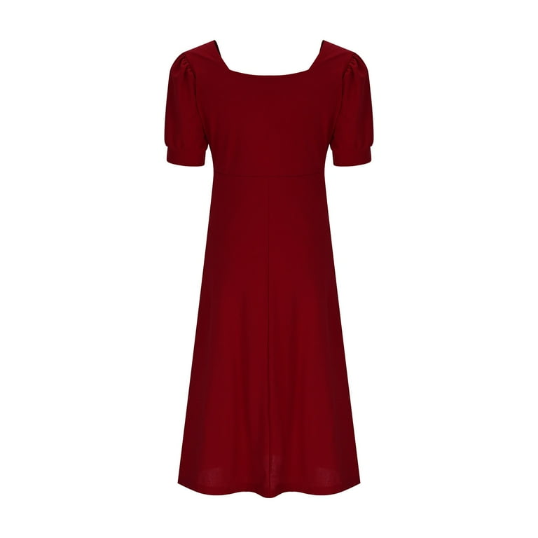 wine color holiday dress Plus Size Casual Dresses Women's Spring/summer Solid Square Collar Slim Short-sleeved Dress S back_style:Open Back