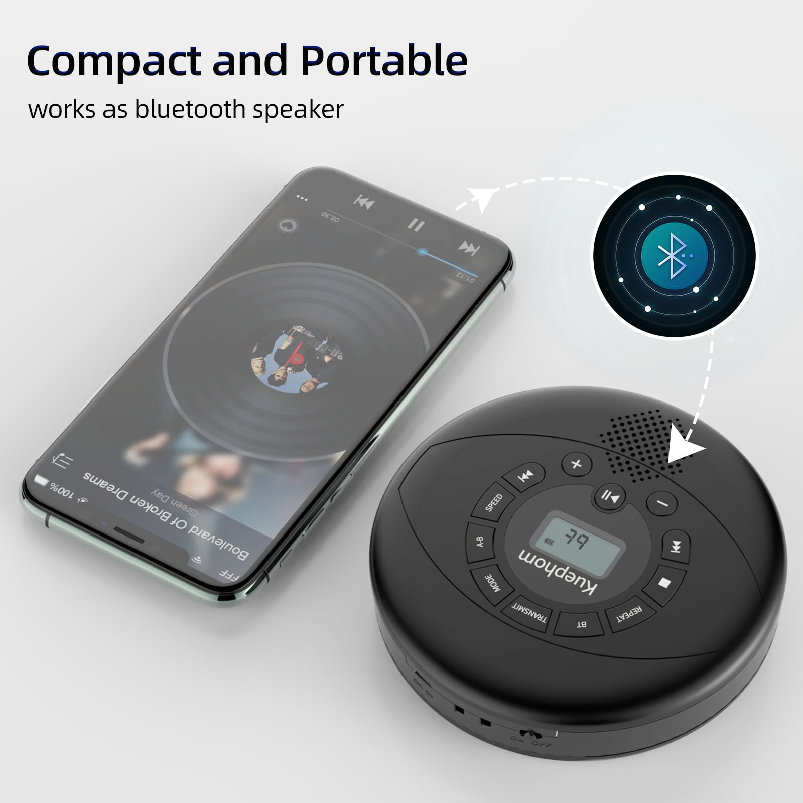KUEPHOM Bluetooth Portable CD Player, Rechargeable Discman,Walkman CD Player Support MP3,USB,Earbud.