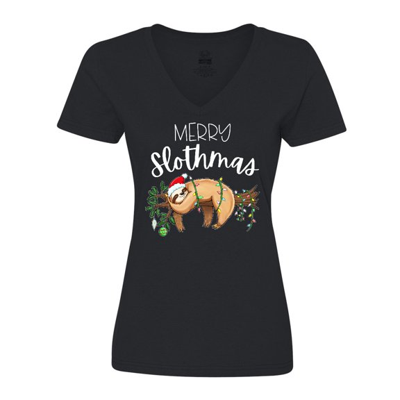 Inktastic Merry Slothmas Cute Christmas Sloth in Hat with Lights Women's V-Neck T-Shirt