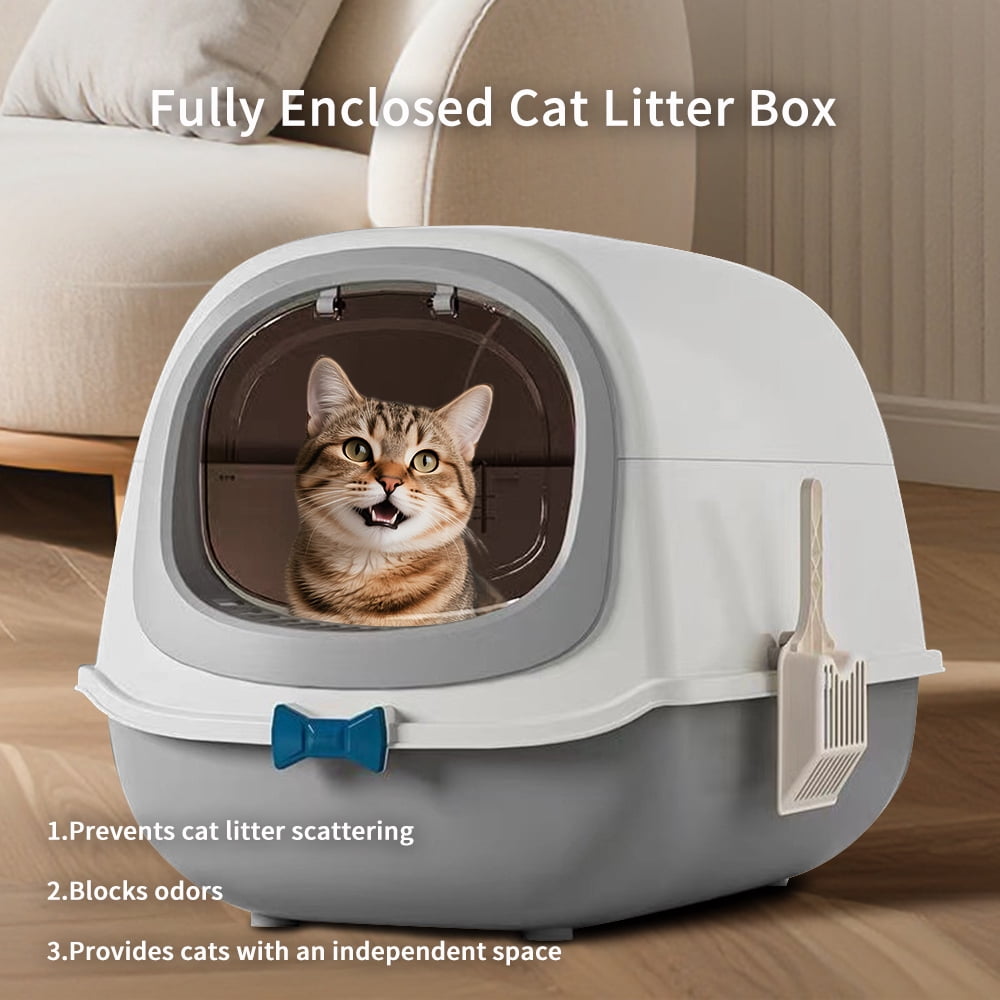 Fully Enclosed Cat Litter Box, Large Odor-Control Kitty Toilet with Flip Lid, Scoop & Anti-Tracking Pedal, Removable Design, Gray