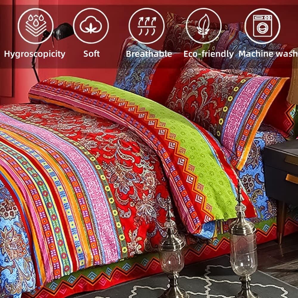 NAYOROOM Bohemian Boho Duvet Cover Set Twin Size,2 Pieces Retro Bohemian Mandala Striped Comforter Cover Sets, Colorful Red Blue
