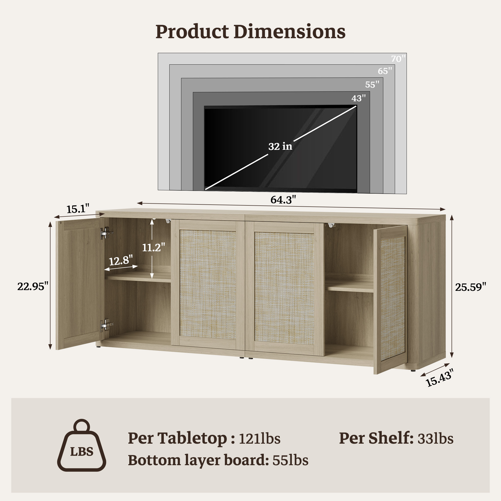 SICOTAS 64" Boho TV Stand Cabinet for TVs up to 75", Rattan TV Media Console Table with 4 Doors & 2 Adjustable Shelves, Large Curved Farmhouse Tall Entertainment Center for Living Room, Light Oak