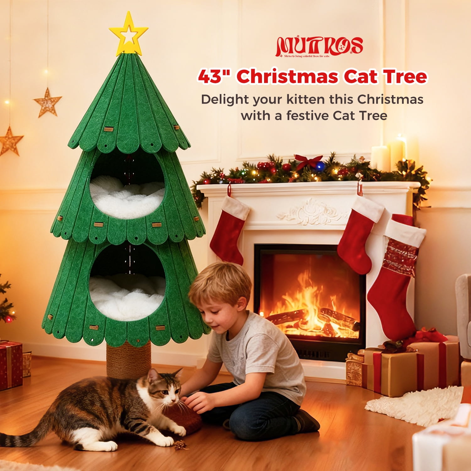 42.9" PEQULTI Christmas Cat Tree for Indoor Cats Cat Tower with 2 Cozy Houses Cat Furniture Green