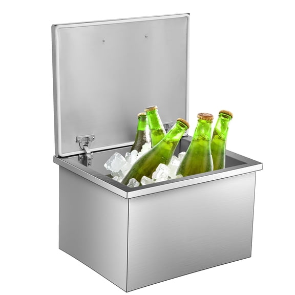 Drop In Ice Chest 83 Quart – Stainless Steel Ice Cooler, Commercial Ice Bin with Hinged Cover & Drain-Pipe Set for Outdoor Kitchen Patio Ice Bar Cold Wine Beer Parties BBQ