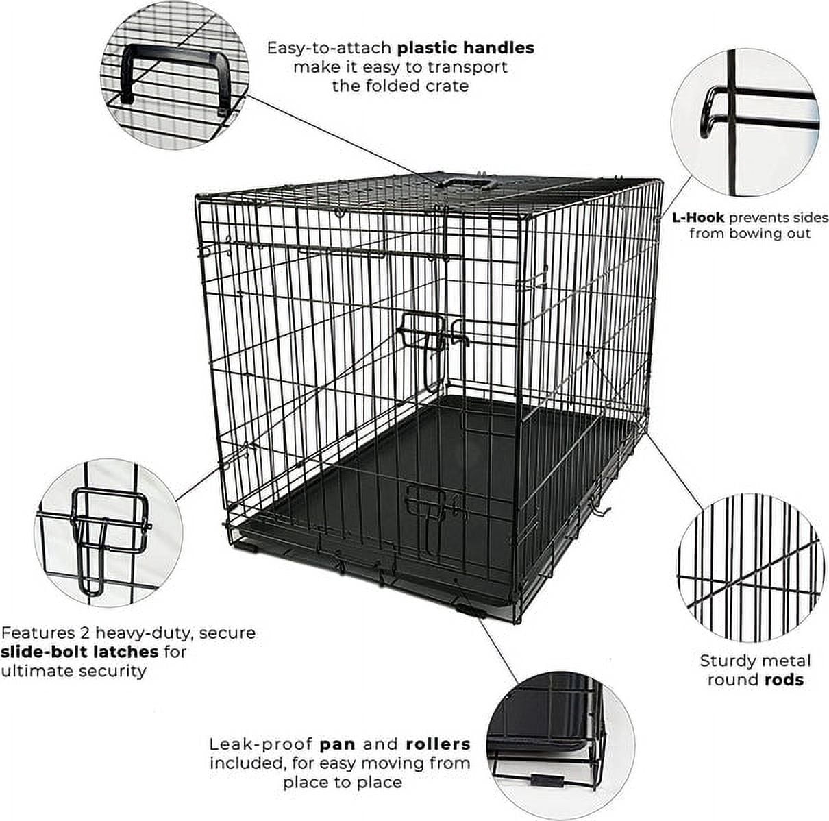 Solid-Steel Dog Crate| Heavy Duty, Foldable, Easy to Assemble, Floor Protection Roller Feet. - Double Door - 42-inch w/ Divider