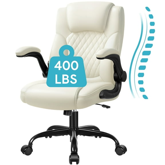 COOLHUT Leather Office Chair, Big and Tall Office Chair 400LBS Wide Seat Ergonomic Computer Desk Chair High Back Executive Leather Chair Adjustable Task Chair Lumbar Back, Off-White