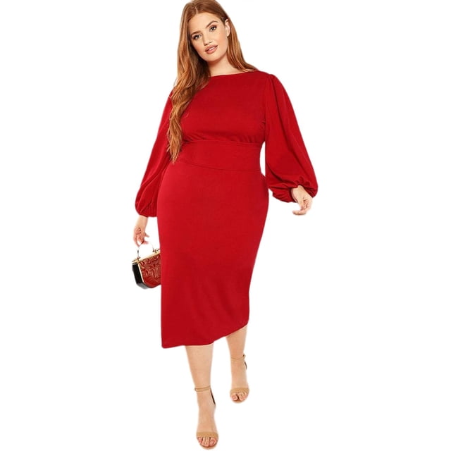 Vestido ajustado con cinturón y mangas largas tipo farol con cuello redondo para mujer en talla grande
