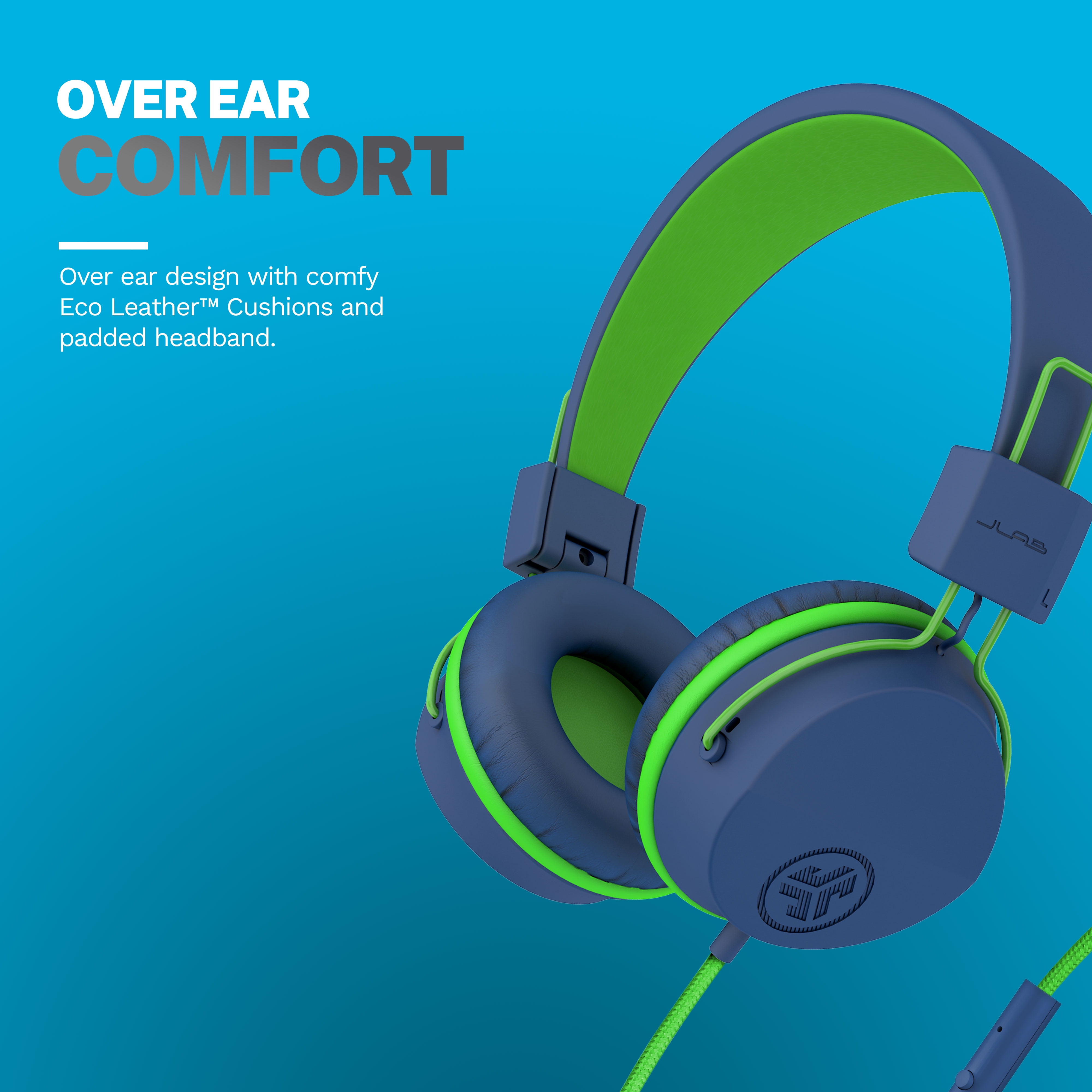 JLab JBuddies Studio On-Ear Kids Wired Headphones, Blue/Green, Studio Volume Safe, Volume Limiter, Folding, Adjustable, Noise Isolation, with Mic