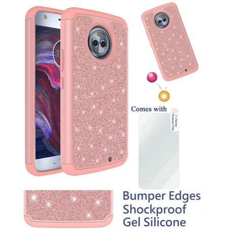 for 5.5" Motorola moto Z2 Play Case Phone Case Glitter Shock proof Edge Scratch Shield Hybrid Layers Slim Bumper Cover & Screen Film Rose