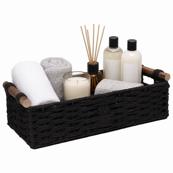 CHICCLO Paper Rope Bathroom Storage Basket with Wooden Handle, Decorative Wicker Cube Storage Bins, Pack of 1, 13.75''(L)x6.0‘’(W)x4.75''(H), Black