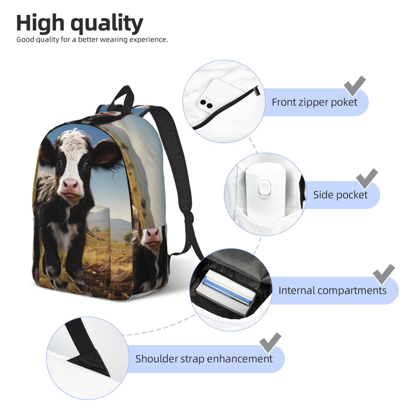 Vsdgher Cute Prairie Cow Print Canvas Backpack Travel Rucksack Unisex Knapsack 15.7/17.7Inch Laptop Backpack for Work,College -Medium