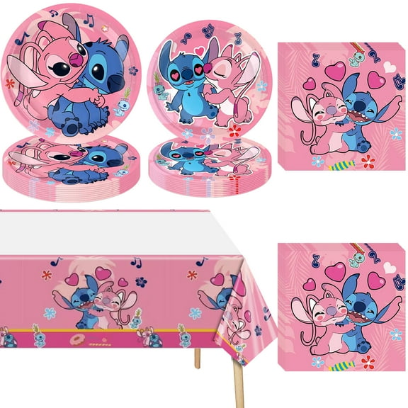 42 PCS Pink Stitch Birthday Decorations Tableware Set, Stitch Plates and Napkins Party Supplies Includes 20 PCS Paper Plates, 20 PCS Napkins and 2 PCS Tablecloth