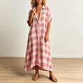 thumbnail image 2 of Morttic Women's Lapel Collar Short Sleeve Plaid Shirt Loose Button Front Long Dress Summer Beach Vacation Casual Outfit Pink，S, 2 of 6