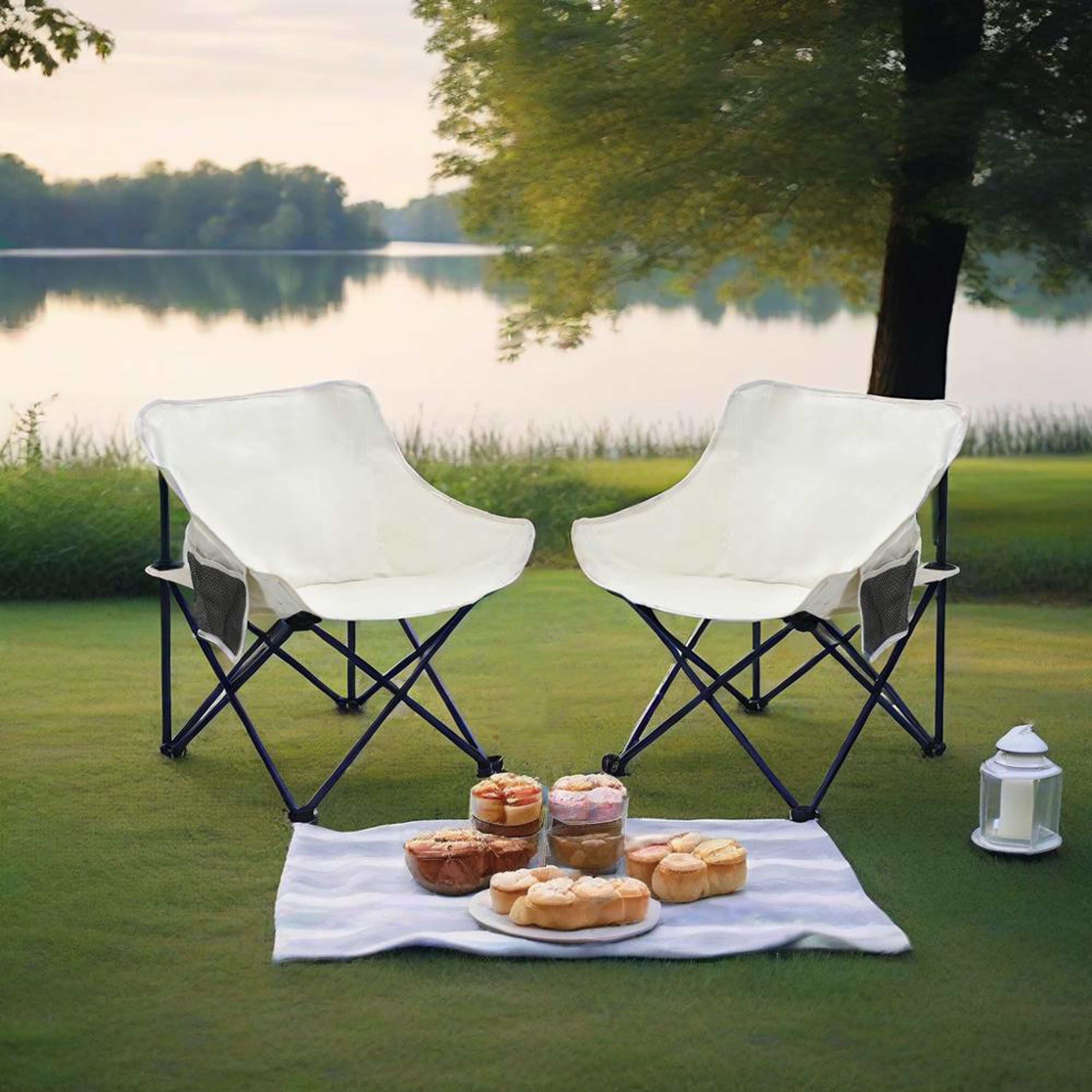 Mintazer 2-Pack Folding Camping Chairs, Collapsible Outdoor Chairs with Side Pocket, Portable Camp Chairs with Carry Bag for Camping Picnics, Beige