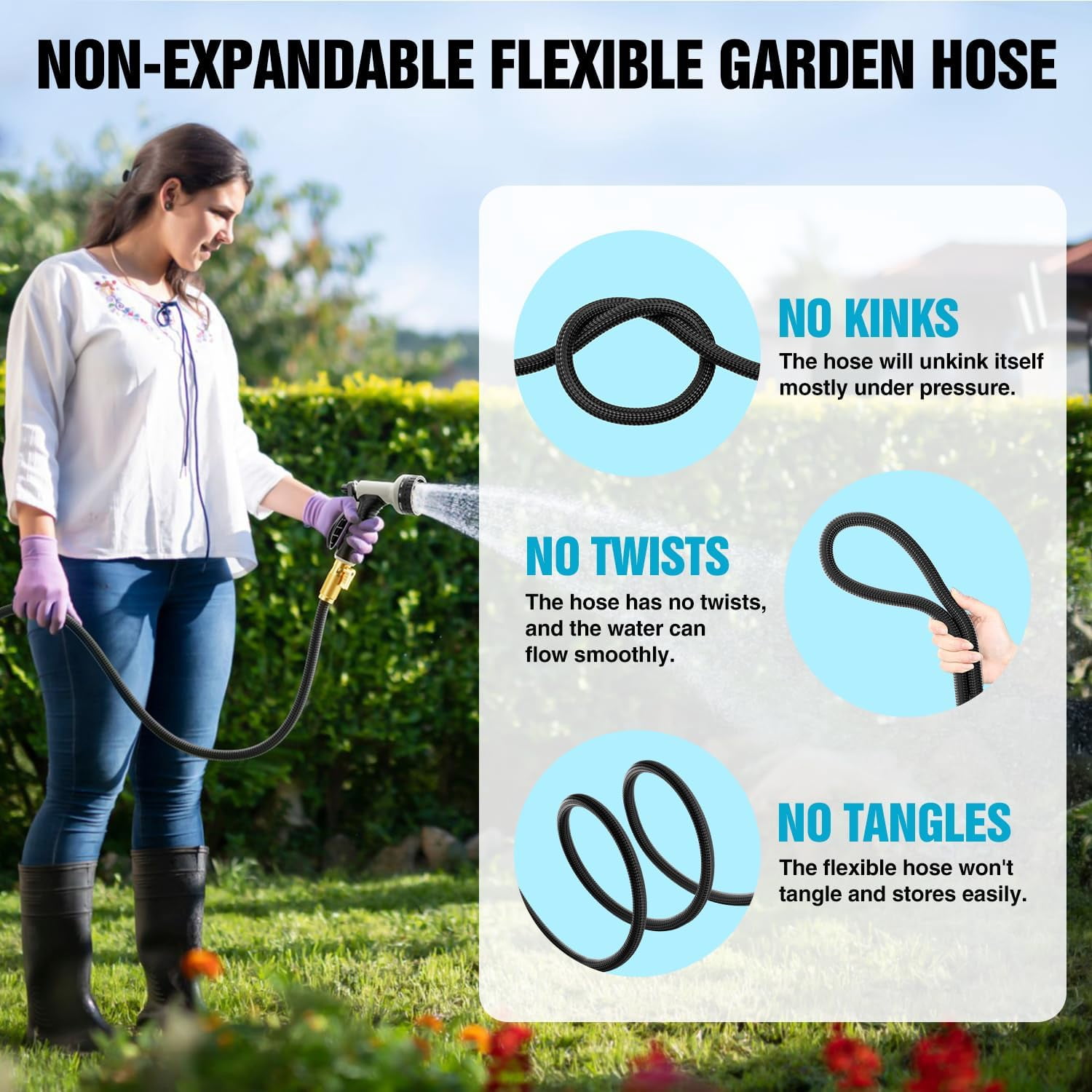 50ft Non-Expandable Garden Hose with 10-Function Nozzle, Kink-Free, Lightweight, Rust Proof for Yard, Car Wash, Lawn