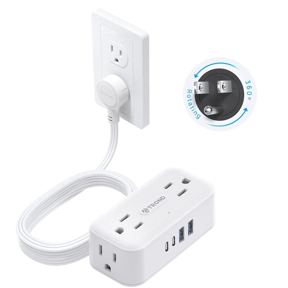 TROND 360° Rotating Flat Plug Power Bar with USB C, 10ft Slim Extension Cord Indoor, 4 Widely Spaced Outlets, 900J Surge Protect