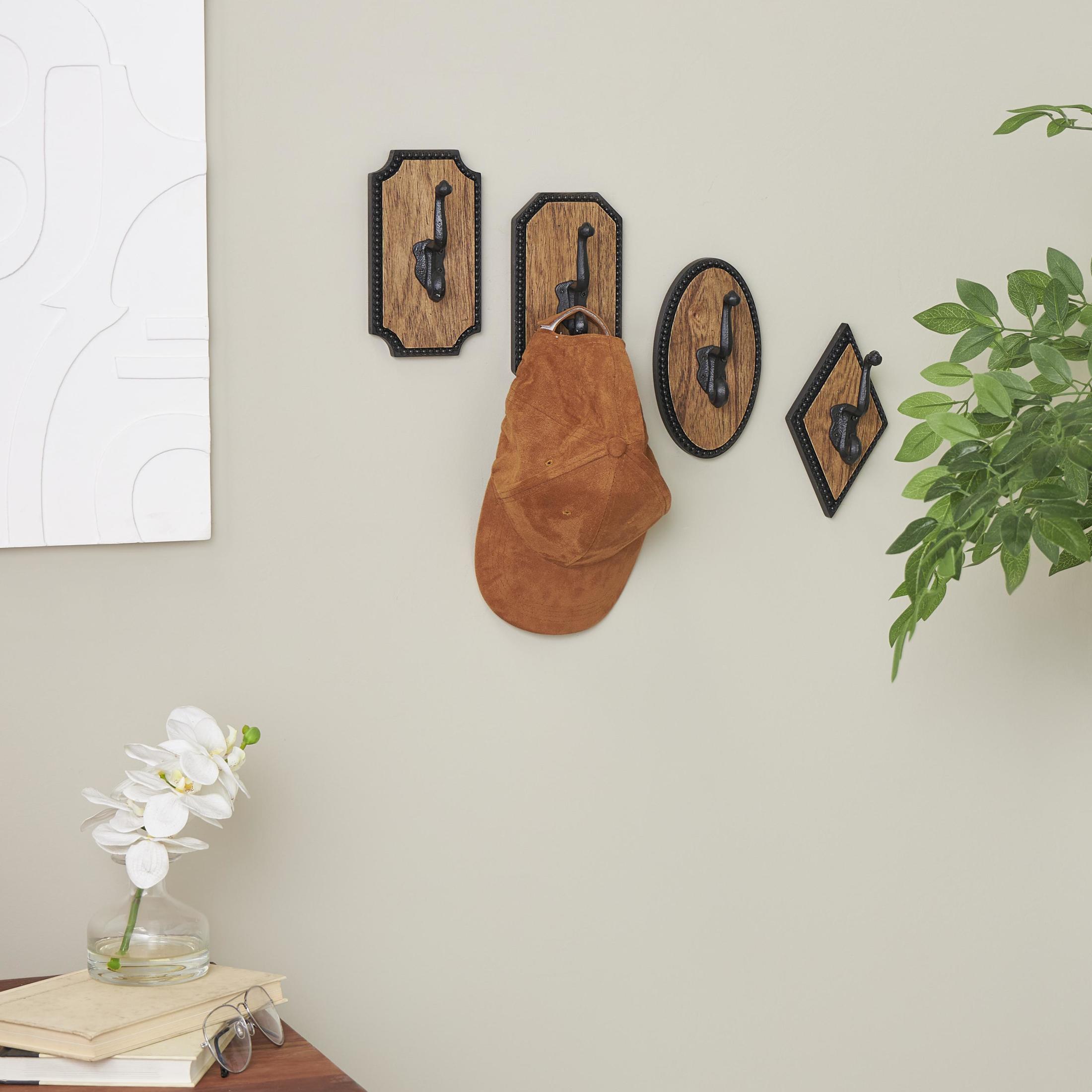 DecMode 4"W, 7"H Brown Wooden Vintage Inspired Geometric Wall Hook with Black Beaded Frames, 4-Pieces