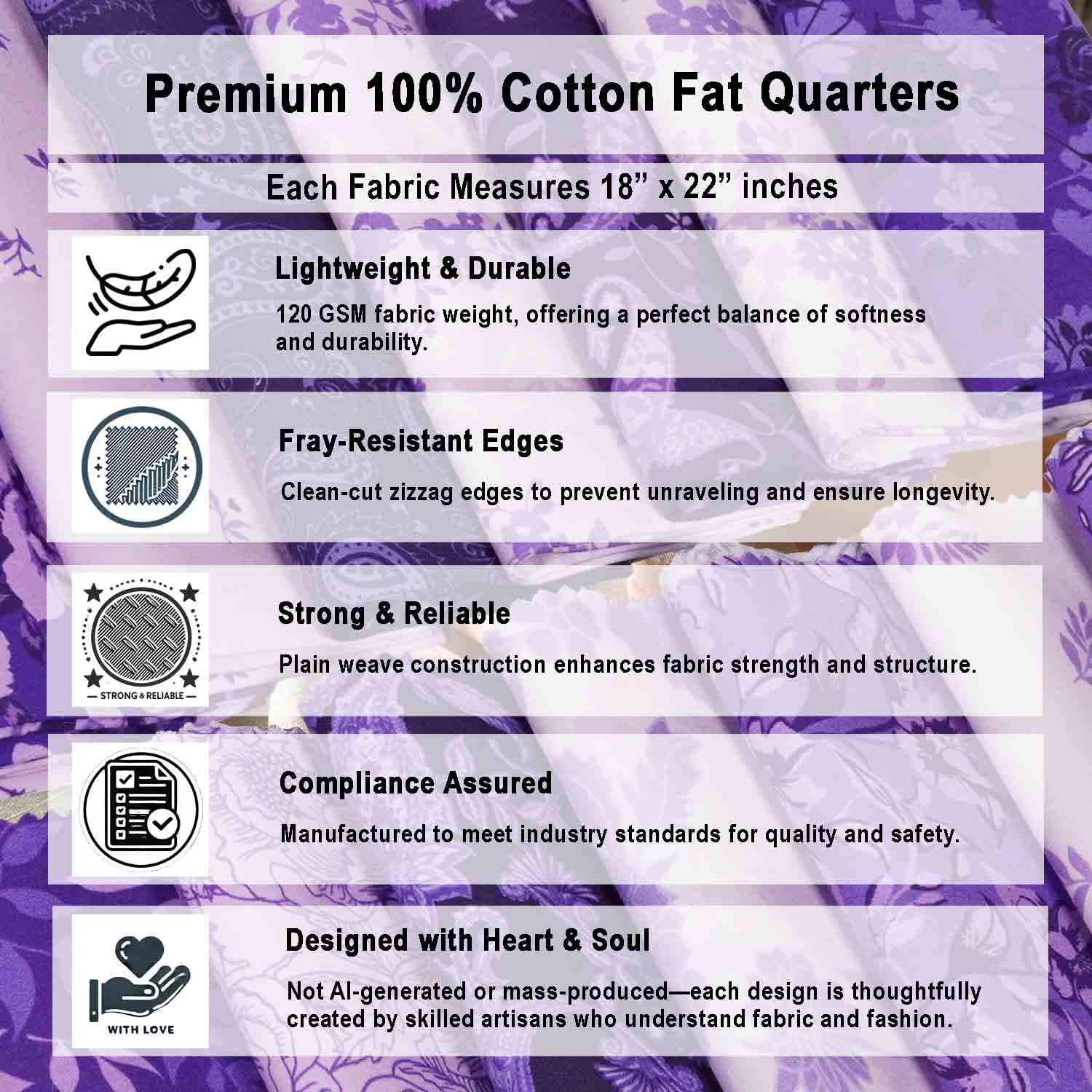 9Pcs Fat Quarter Bundle 100% Cotton Fabric for Quilting Patchwork Cushions Cotton Fabric for Patchwork, DIY Making Supplies Sewing Project, 18" x 22" - Purple Paisley Blooms