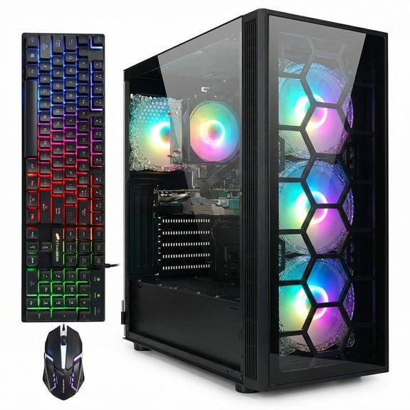 STGAubron Gaming Desktop PC, AMD Ryzen 5 2400G, 16G DDR4, 512G SSD, RX 580 16G, 600M WiFi, BT 5.0, RGB Fan x6, Win 11 Home