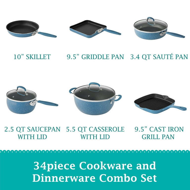 The Pioneer Woman Speckle Denim 34-Piece Aluminum Cookware Combo