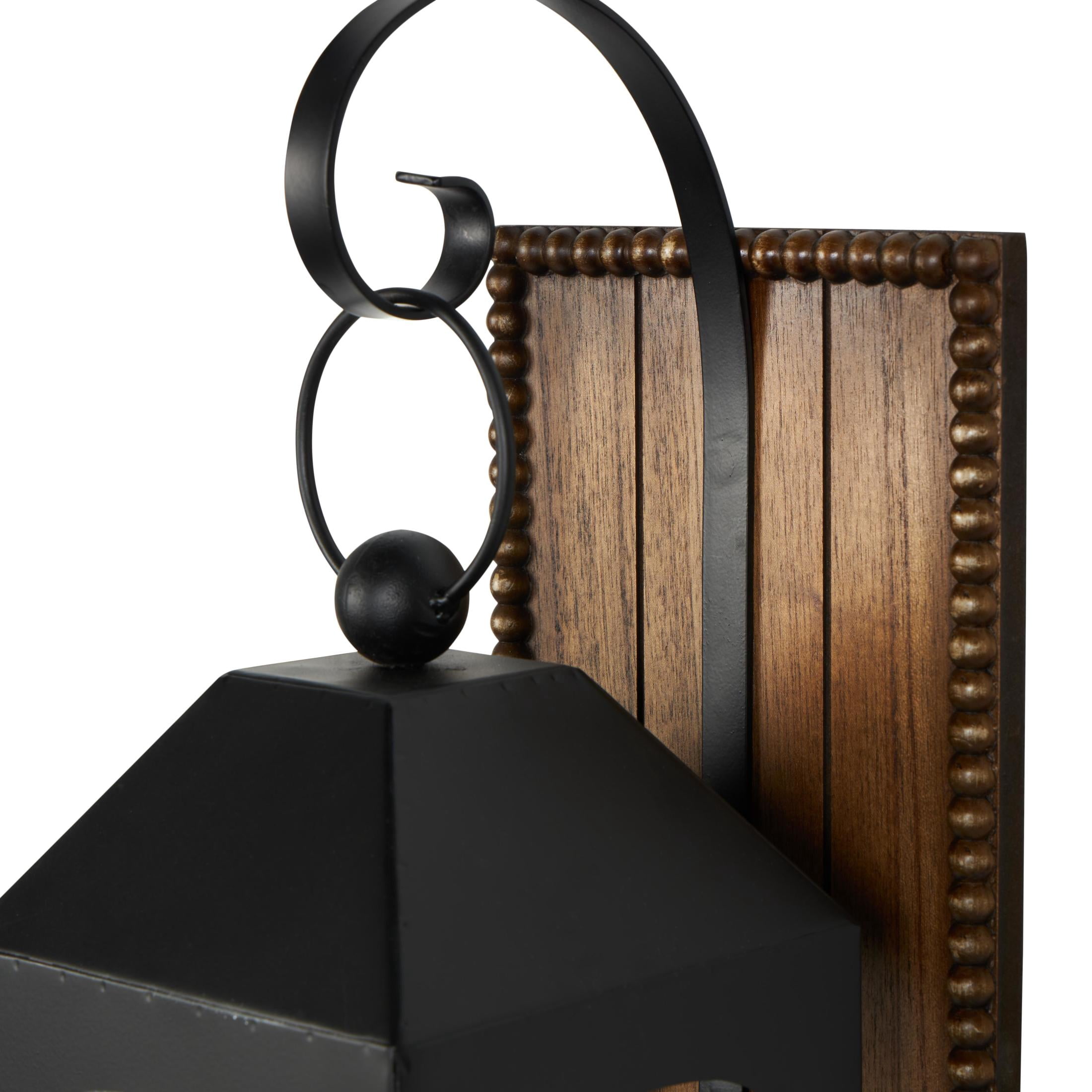 DecMode 2 Holder Black Metal Abstract Suspended Arched Cutout Wall Sconce with Brown Wood Backing and Beaded Edge