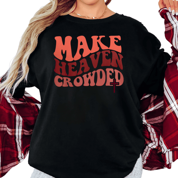 UNISHE Women's Make Heaven Crowded Retro Wavy Text With Christian Cross Graphic Short Sleeve T-Shirt Casual Crewneck Top