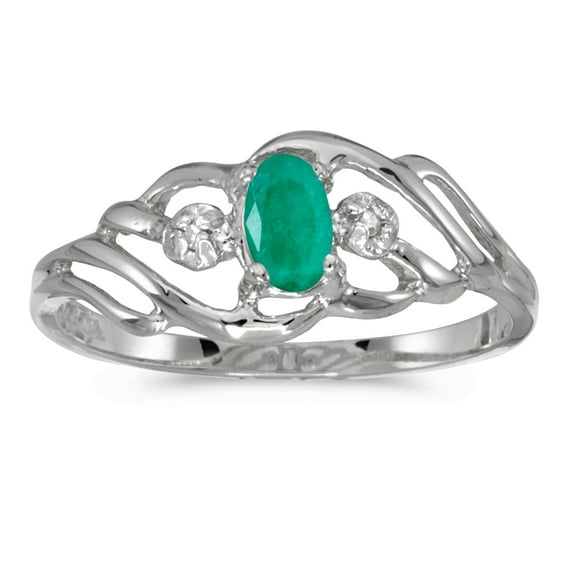 10k White Gold Oval Emerald And Diamond Ring