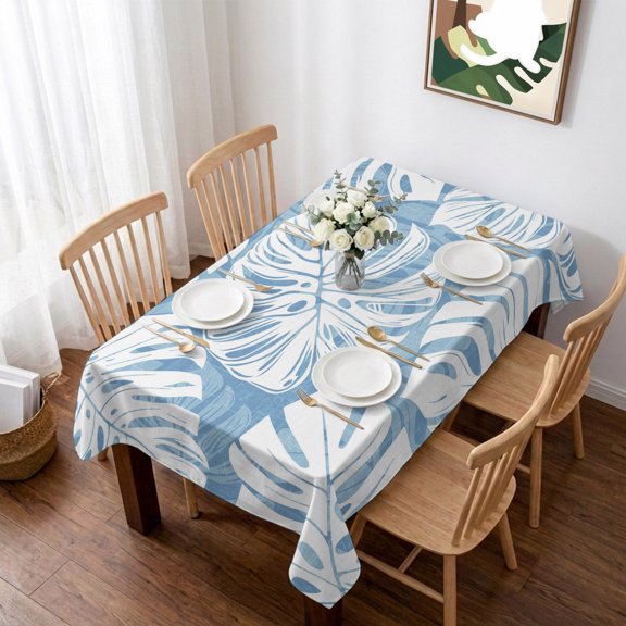 Light Blue Monstera Deliciosa Table Cloth Waterproof Tablecloths, Summer Botanical Tropical Tablecloth Dining Table Cover for Kitchen Party Tabletop Outdoor, Rectangle Tablecloth 60x102 Inch