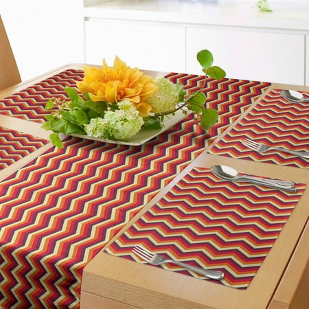 

Retro Table Runner & Placemats Vintage Zig Zag Chevron Motif in Funky Parallel Stripe Graphic Set for Dining Table Decor Placemat 4 pcs + Runner 16 x90 Orange Maroon Yellow by Ambesonne