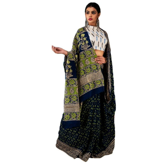 India Meets India Ethnic Indian Women's Soft Handblock Cotton Designer Mulmul Sarees (Blue Green)