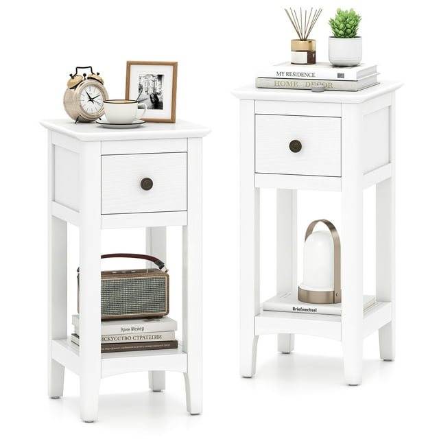 Gymax 2PCS Nightstand 3-Tier Bedside Table w/ Open Storage Shelf & Narrow Side Table White