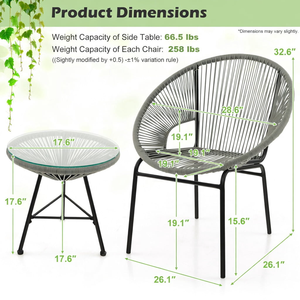 Hommoo 3-Piece Outdoor Acapulco Bistro Set, PE Rope Chairs + Tempered Glass Table for Patio, Yard & Poolside, Gray