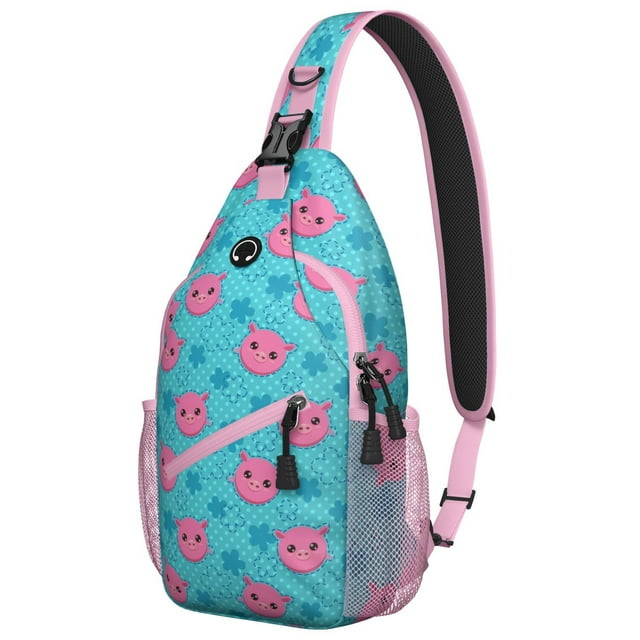 Aesthetic Pig Sling Backpack Cute Farm Animal Cartoon Print Watercolor Artistic Pattern Abstract Floral Design Crossbody Bag for Daily Use