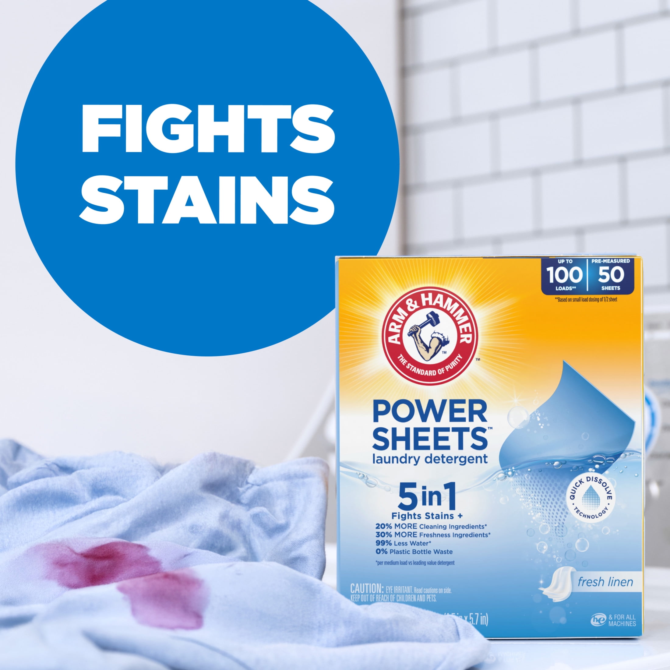 ARM & HAMMER Power Sheets Laundry Detergent Sheets, Fresh Linen, 50 Count, up to 100 Loads